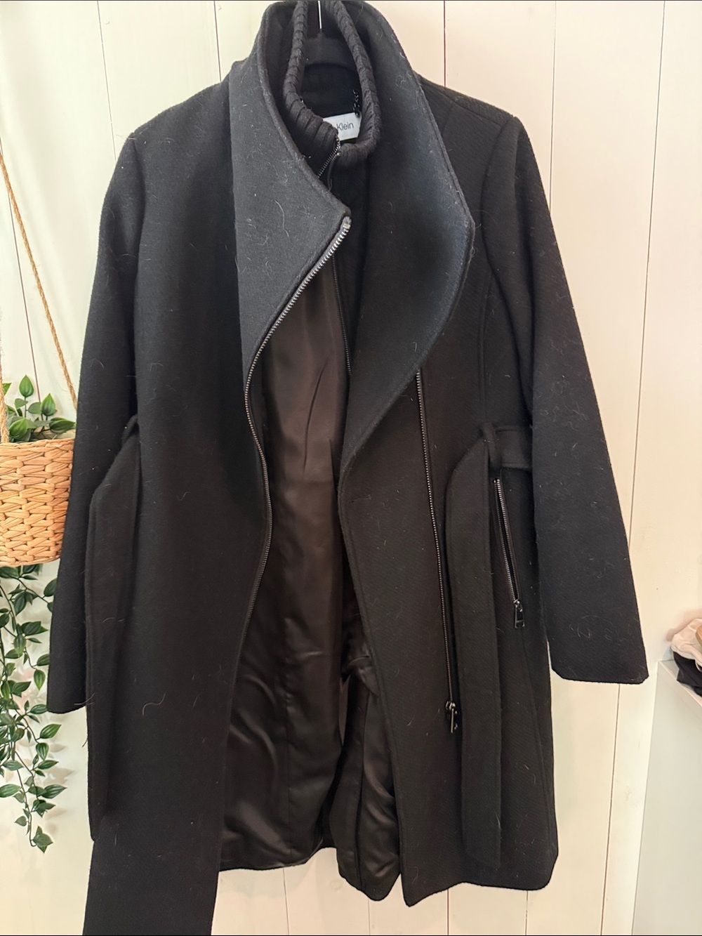 Calvin Klein Black Wool-Blend Asymmetrical Zip Trench Coat